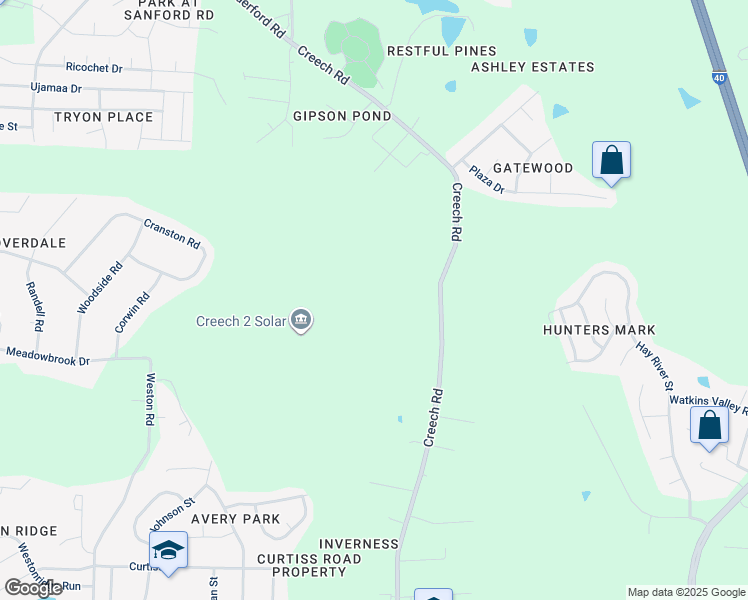 map of restaurants, bars, coffee shops, grocery stores, and more near 1365 Creech Road in Garner