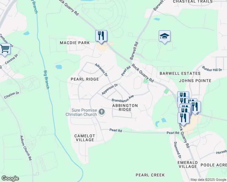 map of restaurants, bars, coffee shops, grocery stores, and more near 4004 Bearmont Place in Raleigh