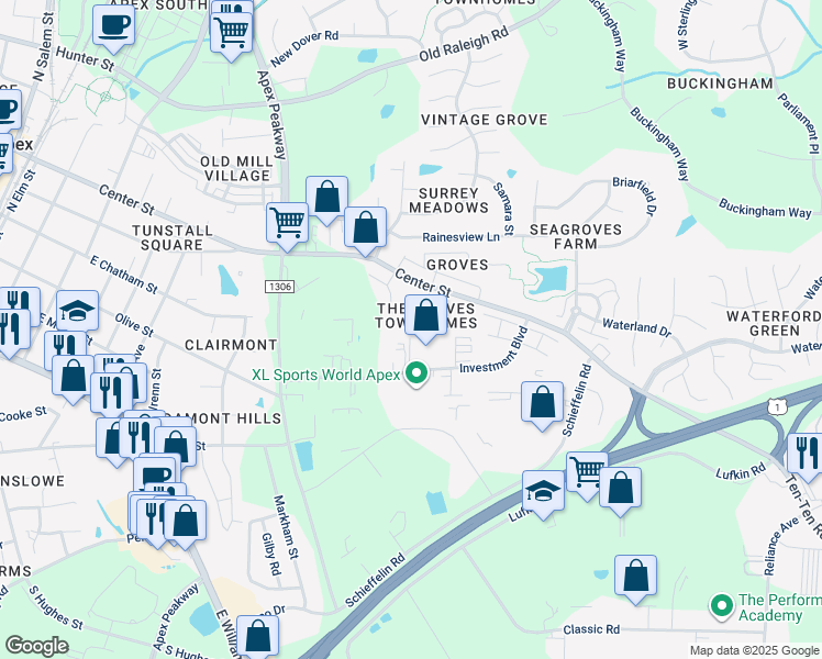 map of restaurants, bars, coffee shops, grocery stores, and more near 161 Old Grove Lane in Apex