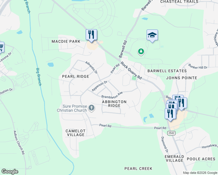 map of restaurants, bars, coffee shops, grocery stores, and more near 5705 Weddington Road in Raleigh