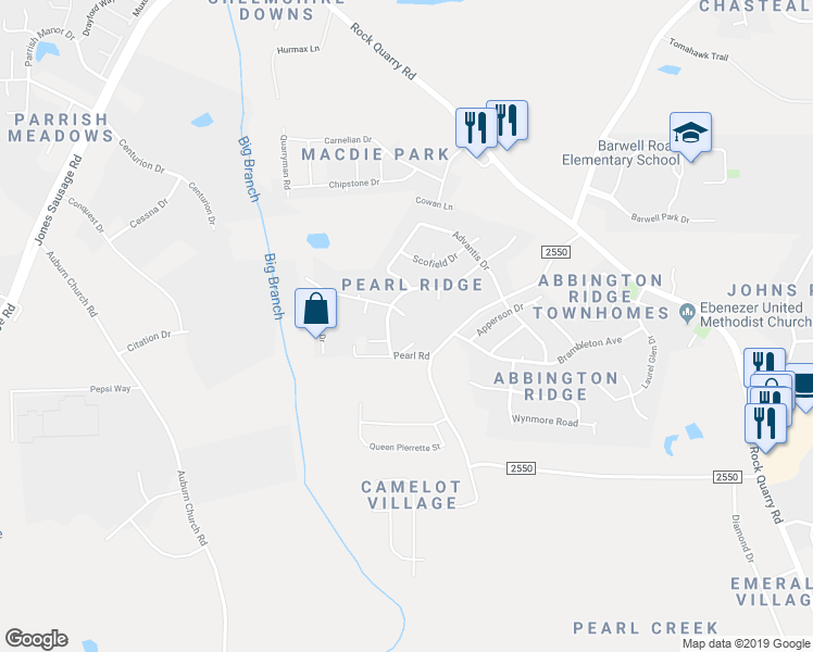map of restaurants, bars, coffee shops, grocery stores, and more near 5619 Bolitar Drive in Raleigh