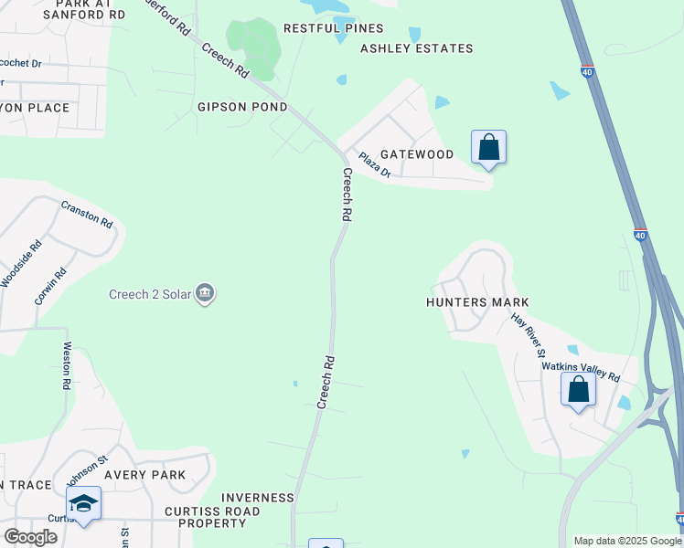 map of restaurants, bars, coffee shops, grocery stores, and more near 1400 Creech Road in Garner