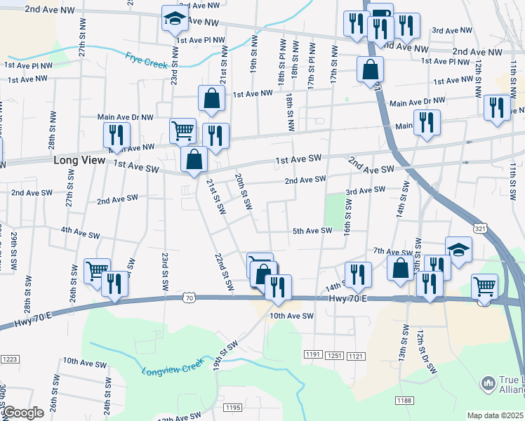 map of restaurants, bars, coffee shops, grocery stores, and more near 304 19th Street Southwest in Hickory