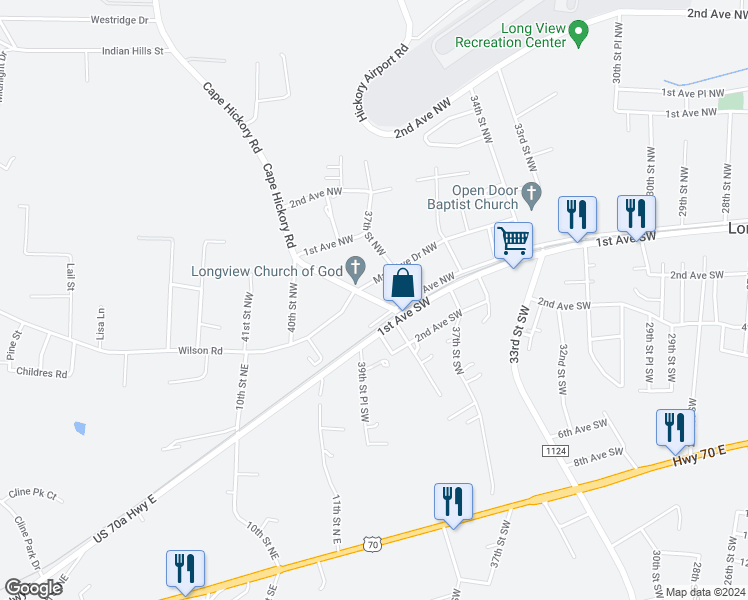 map of restaurants, bars, coffee shops, grocery stores, and more near 32 39th Street Northwest in Hickory