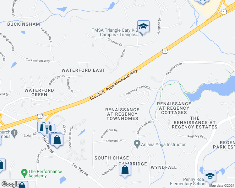 map of restaurants, bars, coffee shops, grocery stores, and more near 1016 Regency Cottage Place in Cary