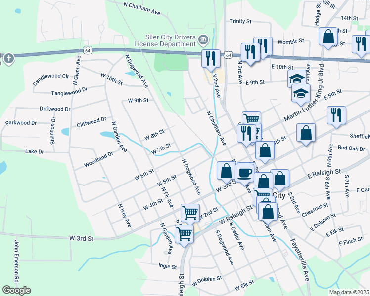 map of restaurants, bars, coffee shops, grocery stores, and more near 602 North Dogwood Avenue in Siler City