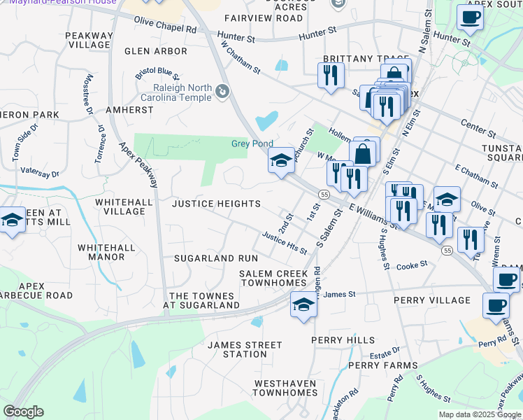 map of restaurants, bars, coffee shops, grocery stores, and more near 411 West Street in Apex