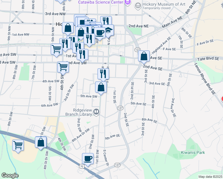map of restaurants, bars, coffee shops, grocery stores, and more near 18 4th Avenue Southeast in Hickory