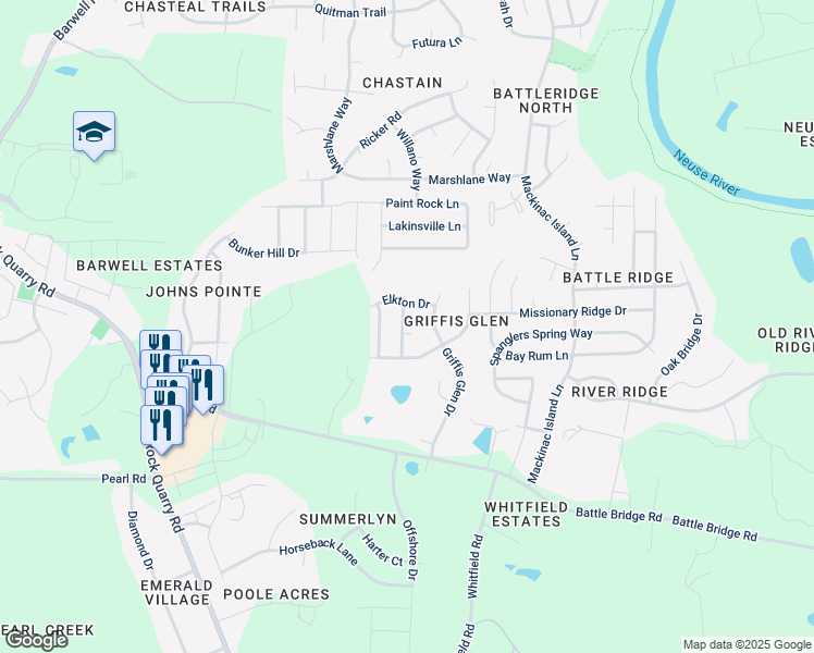 map of restaurants, bars, coffee shops, grocery stores, and more near 4103 Triana Court in Raleigh