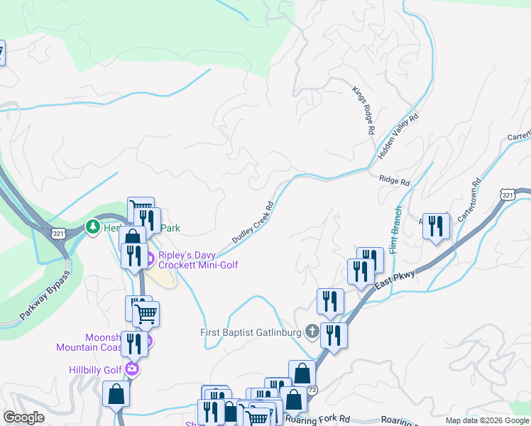 map of restaurants, bars, coffee shops, grocery stores, and more near 305 Dudley Creek Road in Gatlinburg