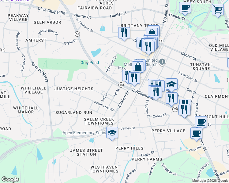 map of restaurants, bars, coffee shops, grocery stores, and more near 415 2nd Street in Apex