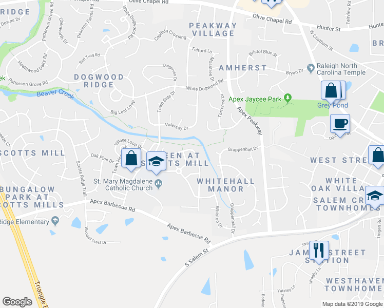 map of restaurants, bars, coffee shops, grocery stores, and more near 214 Homegate Circle in Apex