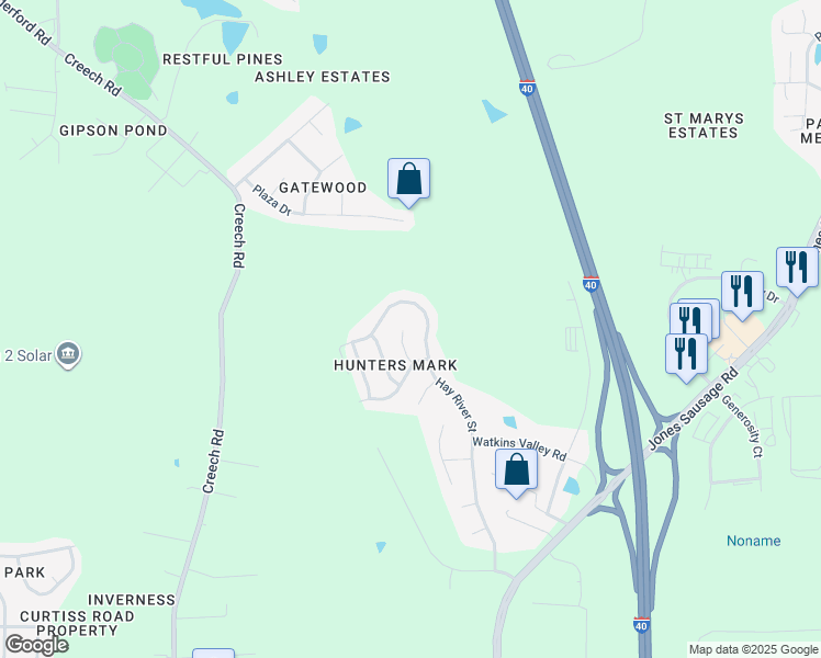 map of restaurants, bars, coffee shops, grocery stores, and more near 661 Hay River Street in Garner