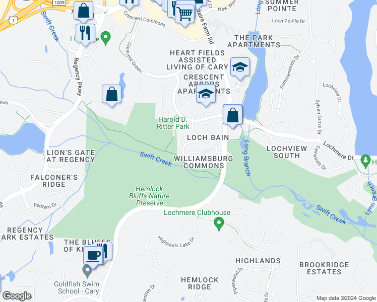 map of restaurants, bars, coffee shops, grocery stores, and more near 105 Quarter Path in Cary