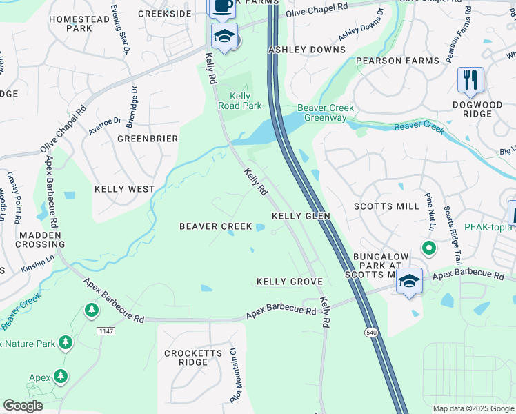 map of restaurants, bars, coffee shops, grocery stores, and more near 1904 Kelly Road in Apex