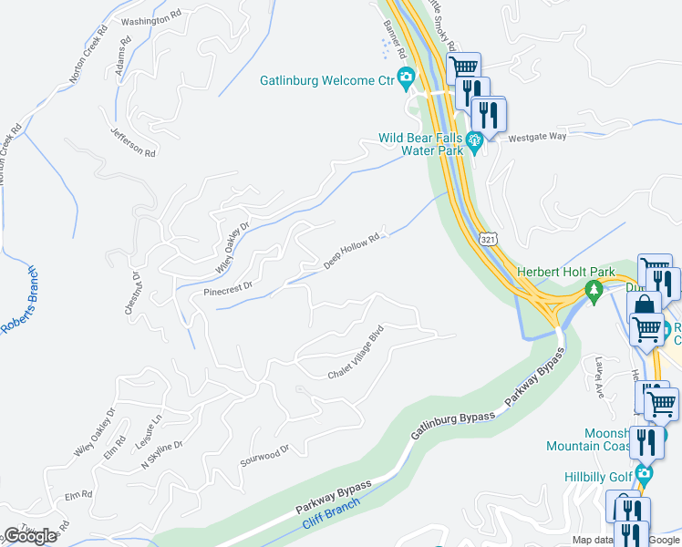 map of restaurants, bars, coffee shops, grocery stores, and more near 1026 Deep Hollow Road in Gatlinburg