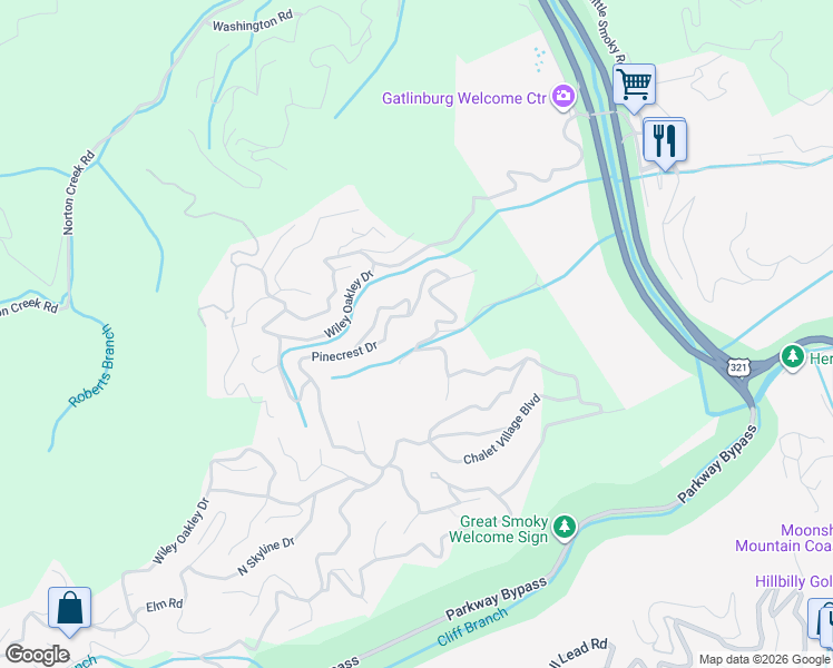 map of restaurants, bars, coffee shops, grocery stores, and more near 844 Crooked Ridge Road in Gatlinburg