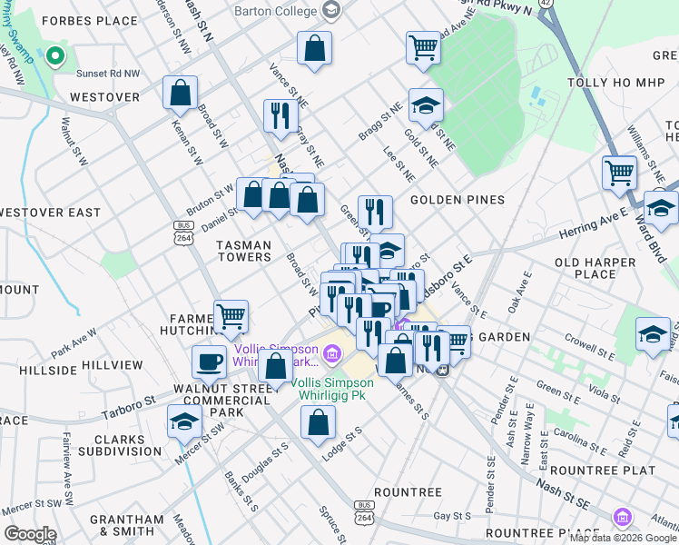 map of restaurants, bars, coffee shops, grocery stores, and more near 215 Nash Street Northwest in Wilson