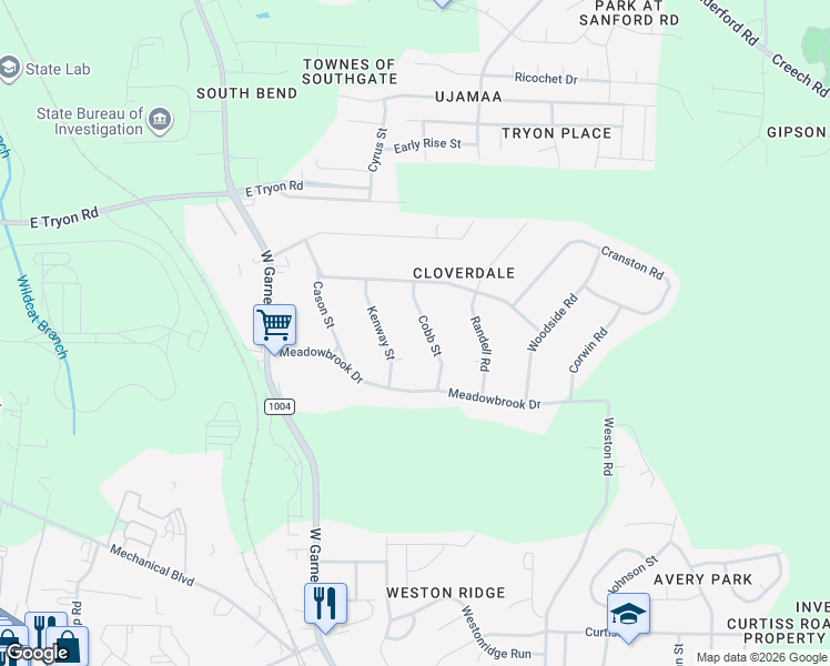 map of restaurants, bars, coffee shops, grocery stores, and more near 512 Kenway Street in Garner