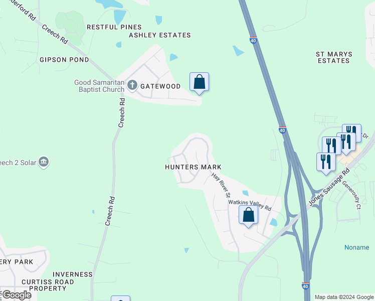 map of restaurants, bars, coffee shops, grocery stores, and more near 779 Hay River Street in Garner