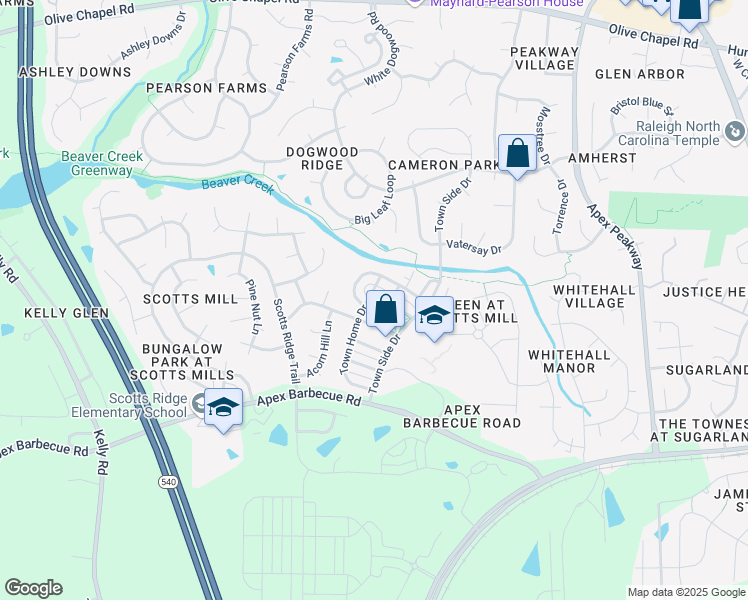 map of restaurants, bars, coffee shops, grocery stores, and more near 1355 Town Home Drive in Apex