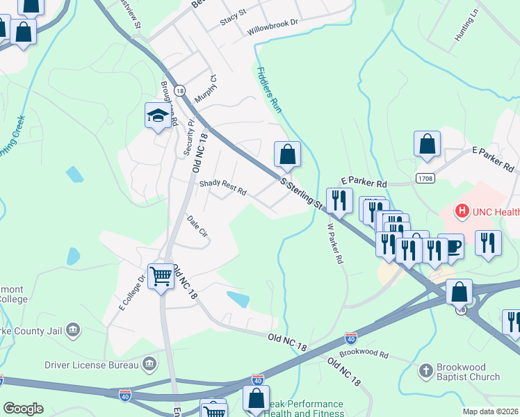 map of restaurants, bars, coffee shops, grocery stores, and more near 404 Shady Rest Road in Morganton
