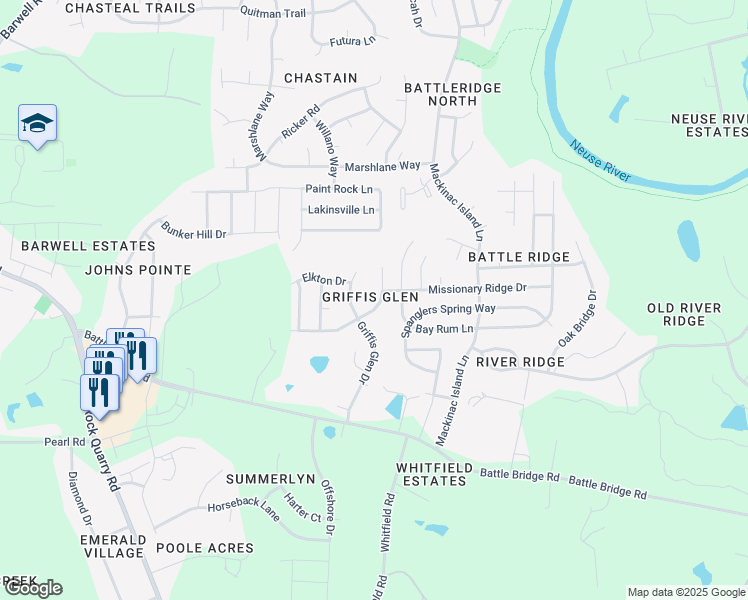 map of restaurants, bars, coffee shops, grocery stores, and more near 4231 Dalcross Road in Raleigh