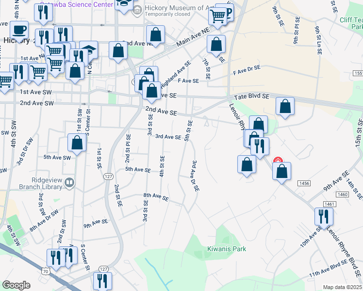 map of restaurants, bars, coffee shops, grocery stores, and more near 316 5th Street Southeast in Hickory