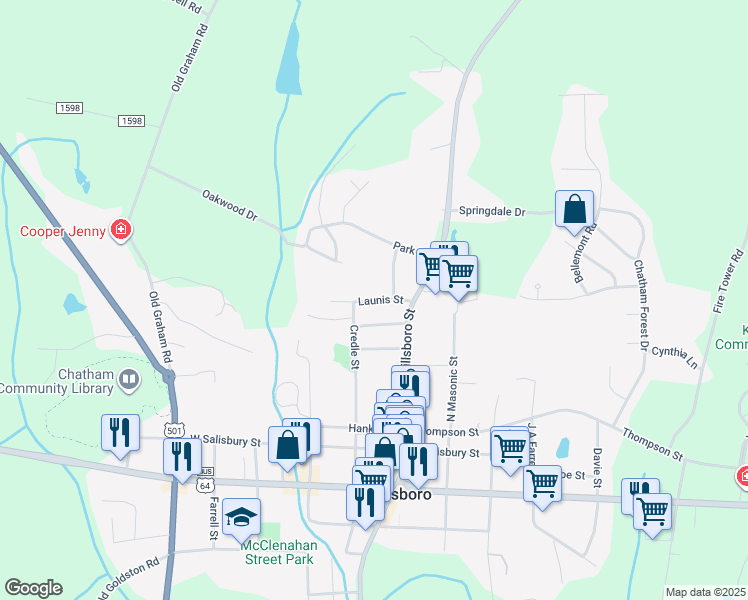 map of restaurants, bars, coffee shops, grocery stores, and more near Launis Street in Pittsboro