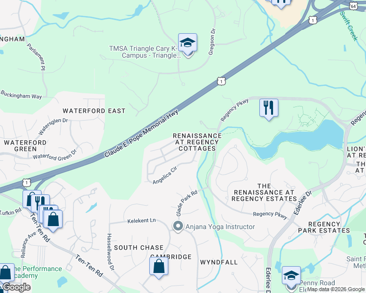 map of restaurants, bars, coffee shops, grocery stores, and more near 535 Angelica Circle in Cary
