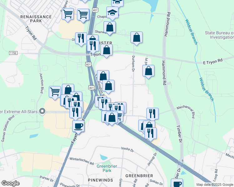 map of restaurants, bars, coffee shops, grocery stores, and more near 320 Leagan Drive in Raleigh
