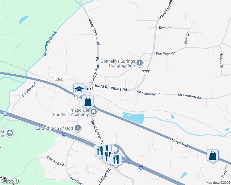 map of restaurants, bars, coffee shops, grocery stores, and more near 3509 Icard Rhodhiss Road in Connelly Springs