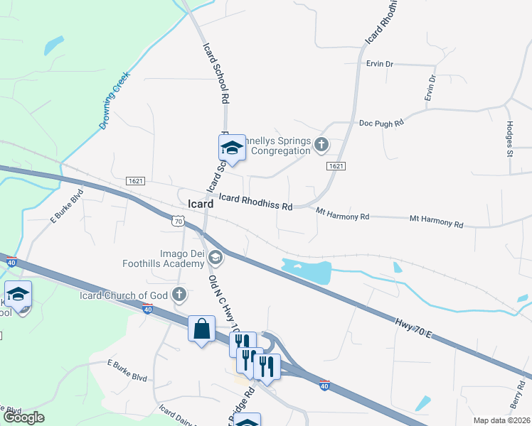 map of restaurants, bars, coffee shops, grocery stores, and more near 3509 Icard Rhodhiss Road in Connelly Springs