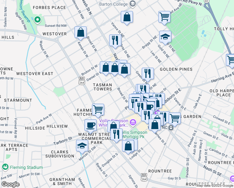map of restaurants, bars, coffee shops, grocery stores, and more near 312 Kenan Street West in Wilson