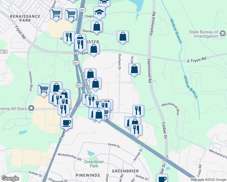 map of restaurants, bars, coffee shops, grocery stores, and more near 320 Leagan Drive in Raleigh