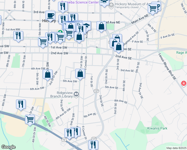 map of restaurants, bars, coffee shops, grocery stores, and more near 18 4th Avenue Southeast in Hickory