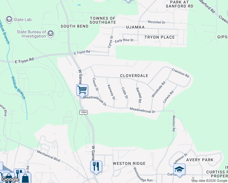 map of restaurants, bars, coffee shops, grocery stores, and more near 512 Kenway Street in Garner