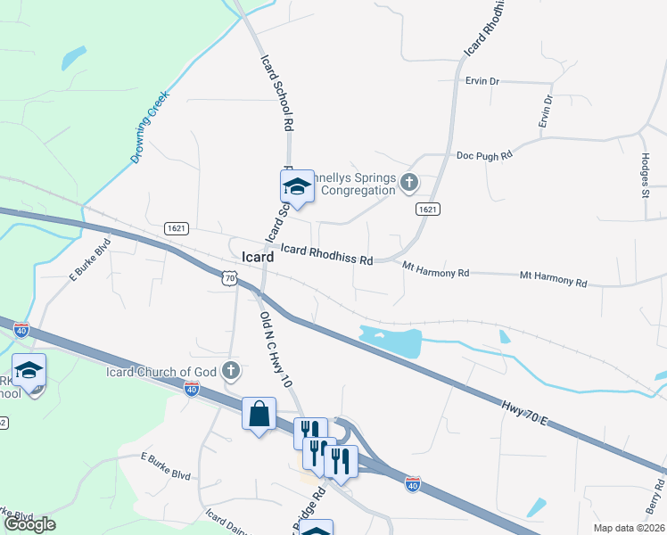 map of restaurants, bars, coffee shops, grocery stores, and more near 3509 Icard Rhodhiss Road in Connelly Springs