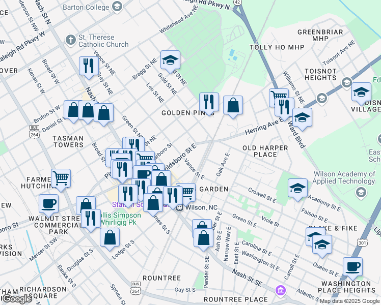 map of restaurants, bars, coffee shops, grocery stores, and more near 304 Goldsboro Street East in Wilson
