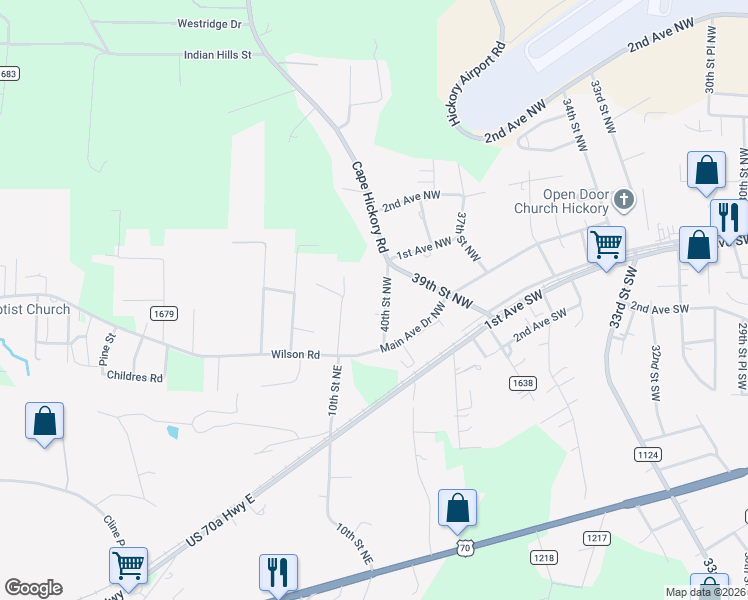 map of restaurants, bars, coffee shops, grocery stores, and more near 75 40th Street Northwest in Hickory