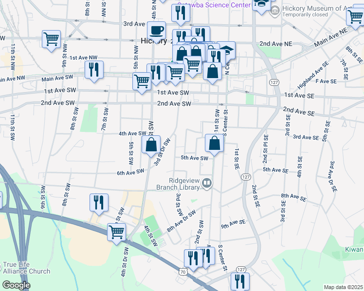 map of restaurants, bars, coffee shops, grocery stores, and more near 442 2nd Street Place Southwest in Hickory
