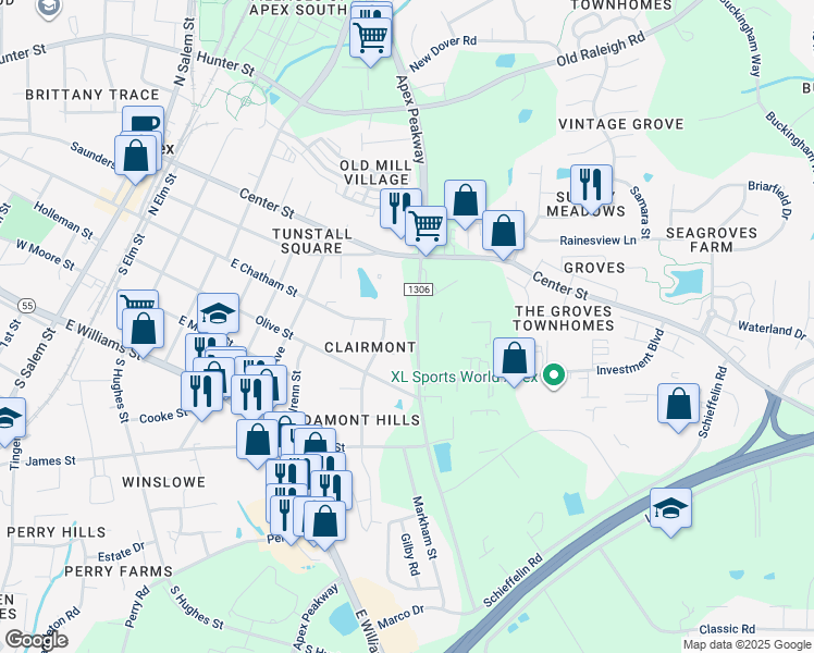 map of restaurants, bars, coffee shops, grocery stores, and more near 904 East Chatham Street in Apex