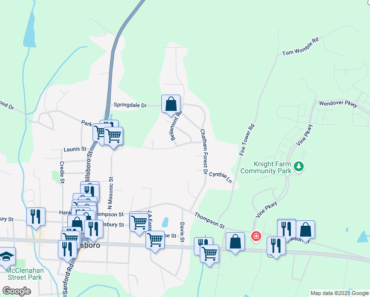 map of restaurants, bars, coffee shops, grocery stores, and more near 95 Chatham Mill Rd in Pittsboro