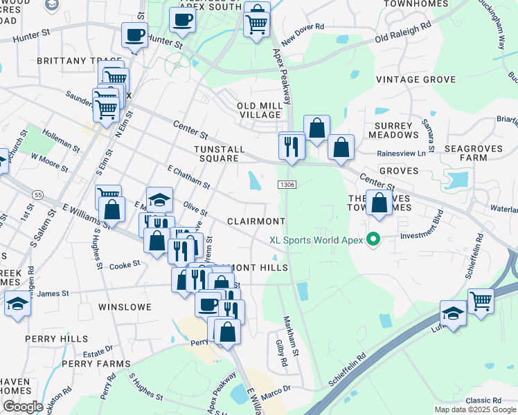 map of restaurants, bars, coffee shops, grocery stores, and more near 802 East Chatham Street in Apex