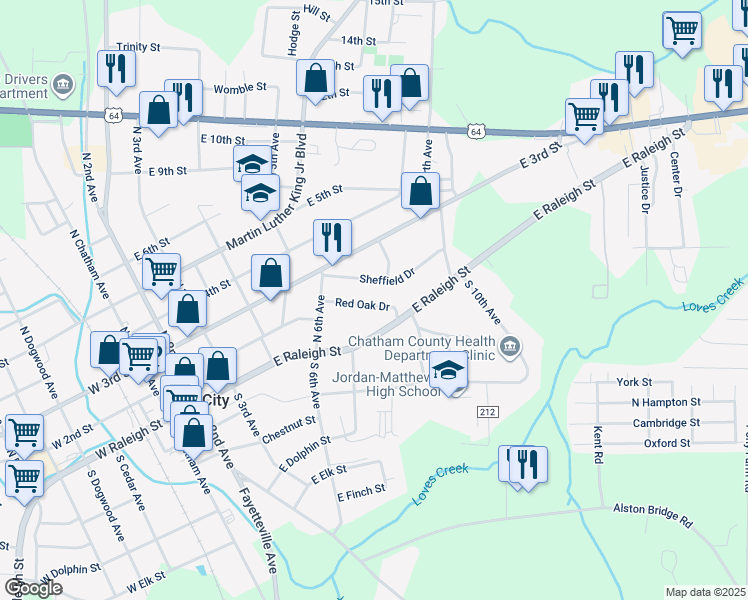map of restaurants, bars, coffee shops, grocery stores, and more near 707 Red Oak Drive in Siler City