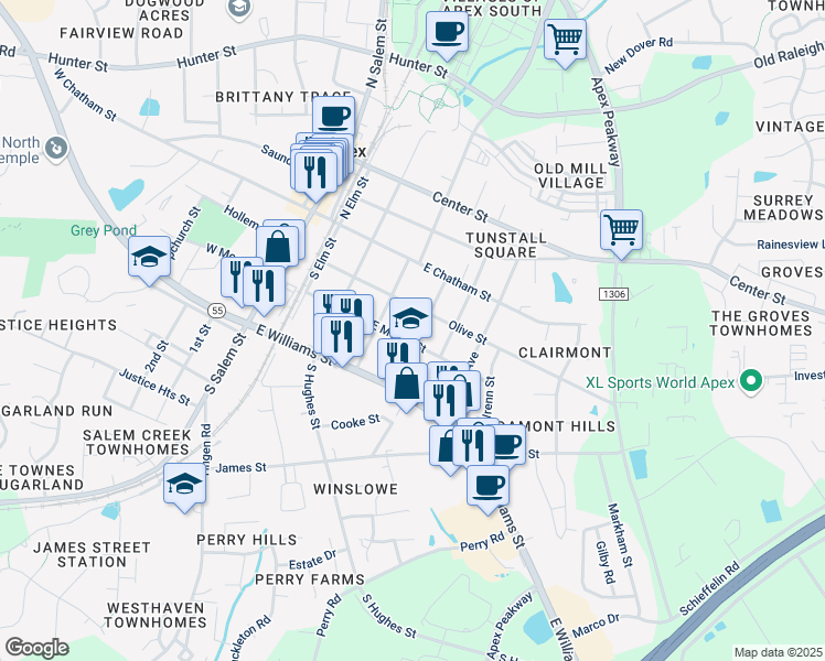 map of restaurants, bars, coffee shops, grocery stores, and more near 208 Cunningham Street in Apex