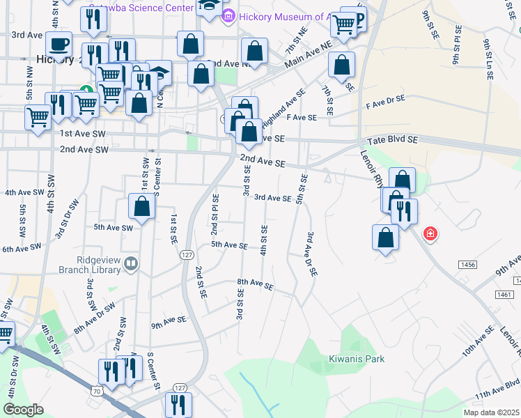 map of restaurants, bars, coffee shops, grocery stores, and more near 320 4th Street Southeast in Hickory
