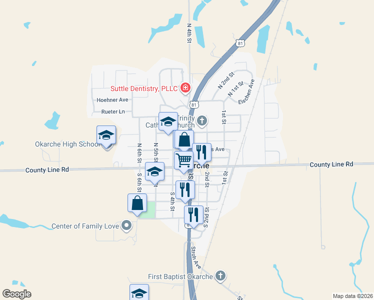 map of restaurants, bars, coffee shops, grocery stores, and more near 315 Kansas Avenue in Okarche