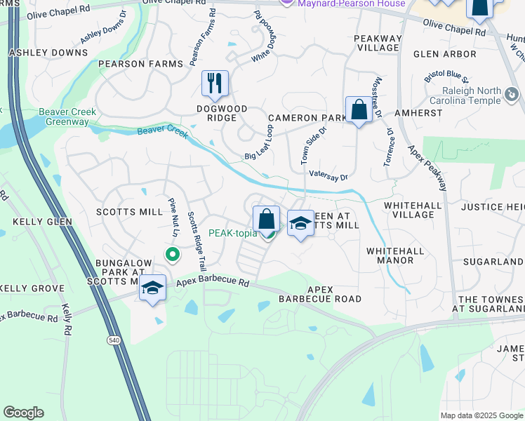 map of restaurants, bars, coffee shops, grocery stores, and more near 413 Village Commons Lane in Apex