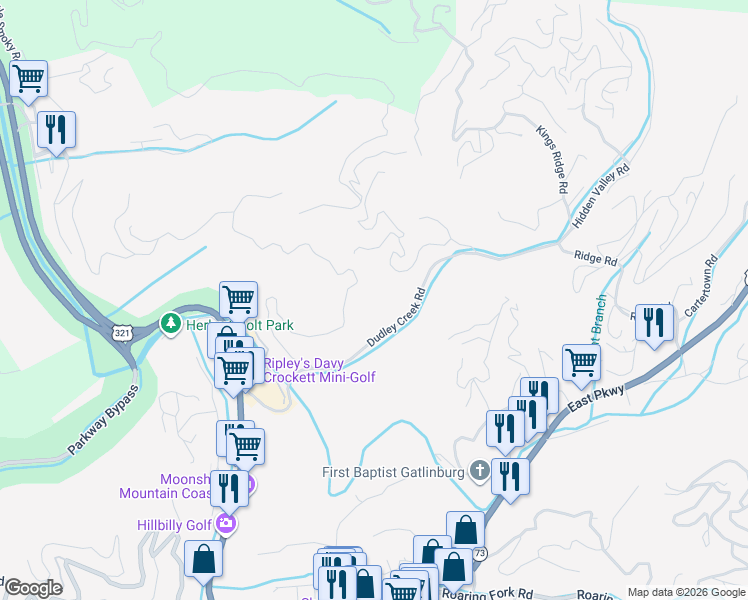 map of restaurants, bars, coffee shops, grocery stores, and more near 305 Dudley Creek Road in Gatlinburg